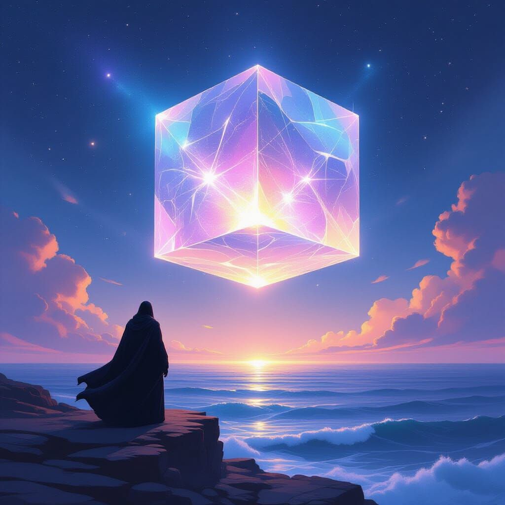 Ancient Figure Gazes at Pulsing Crystal Cube in Cosmic Ocean