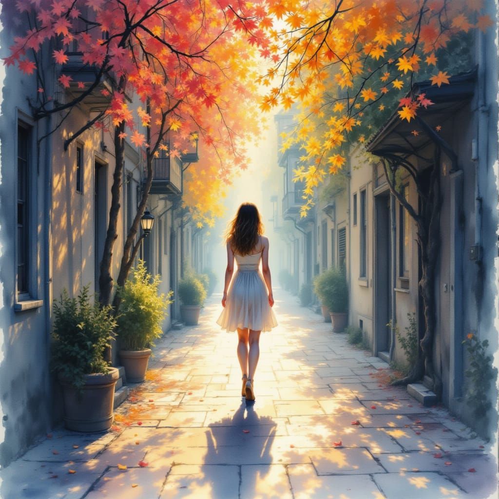 Woman Walking on Sunlit Quiet Street in Luminous Watercolor