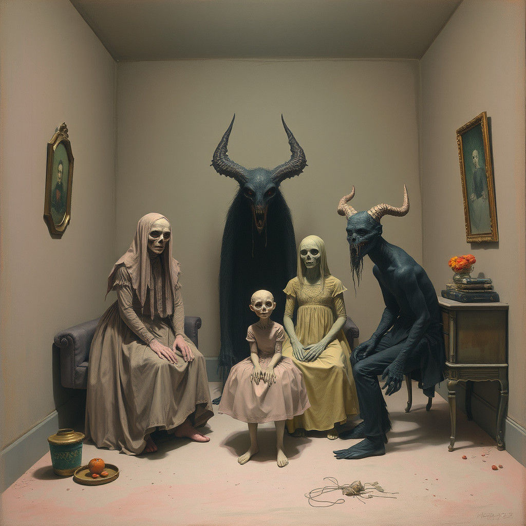 Friendly Characters in a Surreal Pastel Room