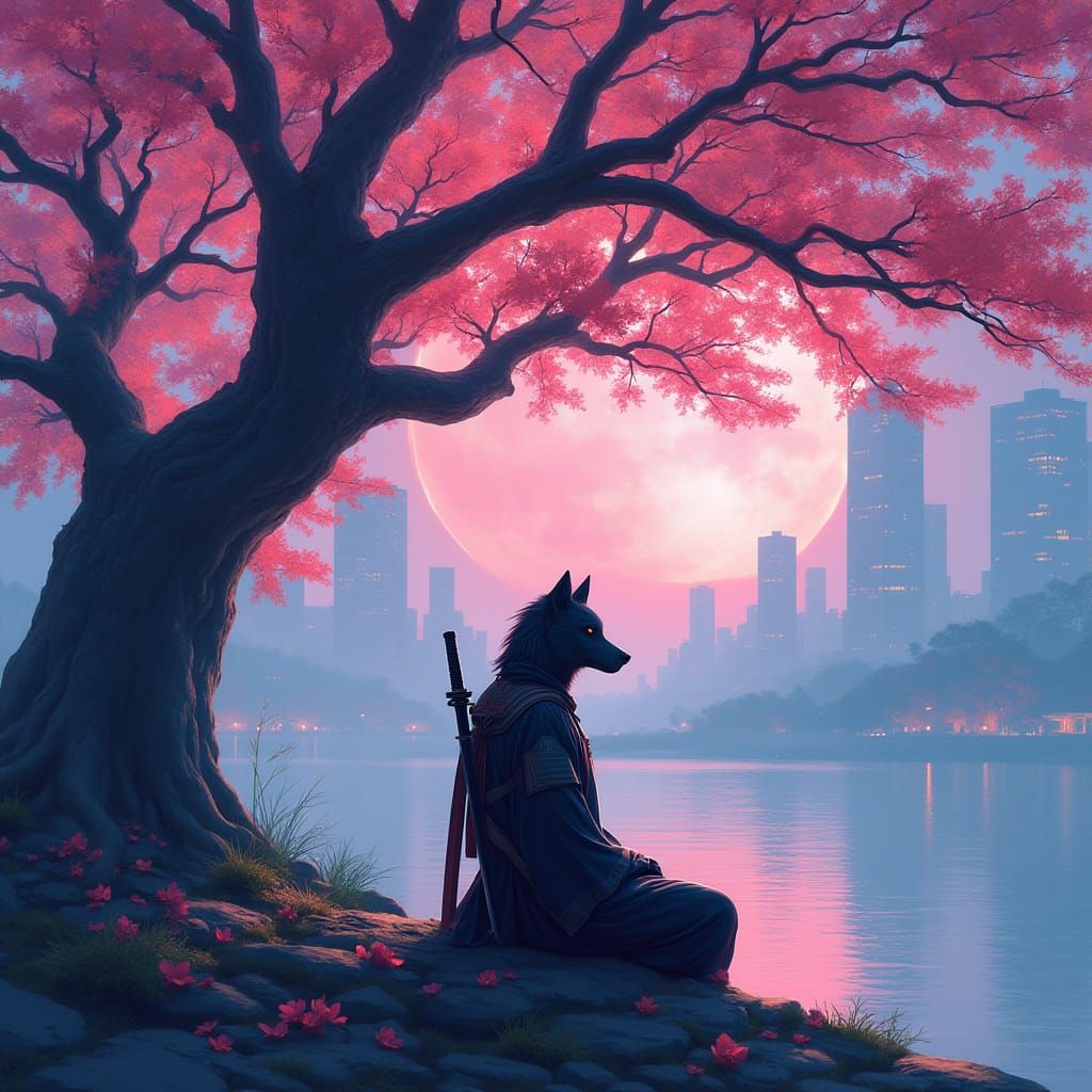 Wolf-Man Samurai Meditates in Neo-Tokyo Anime