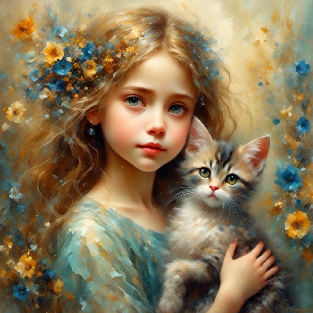 Girl with Cat Portrait in Vintage Style