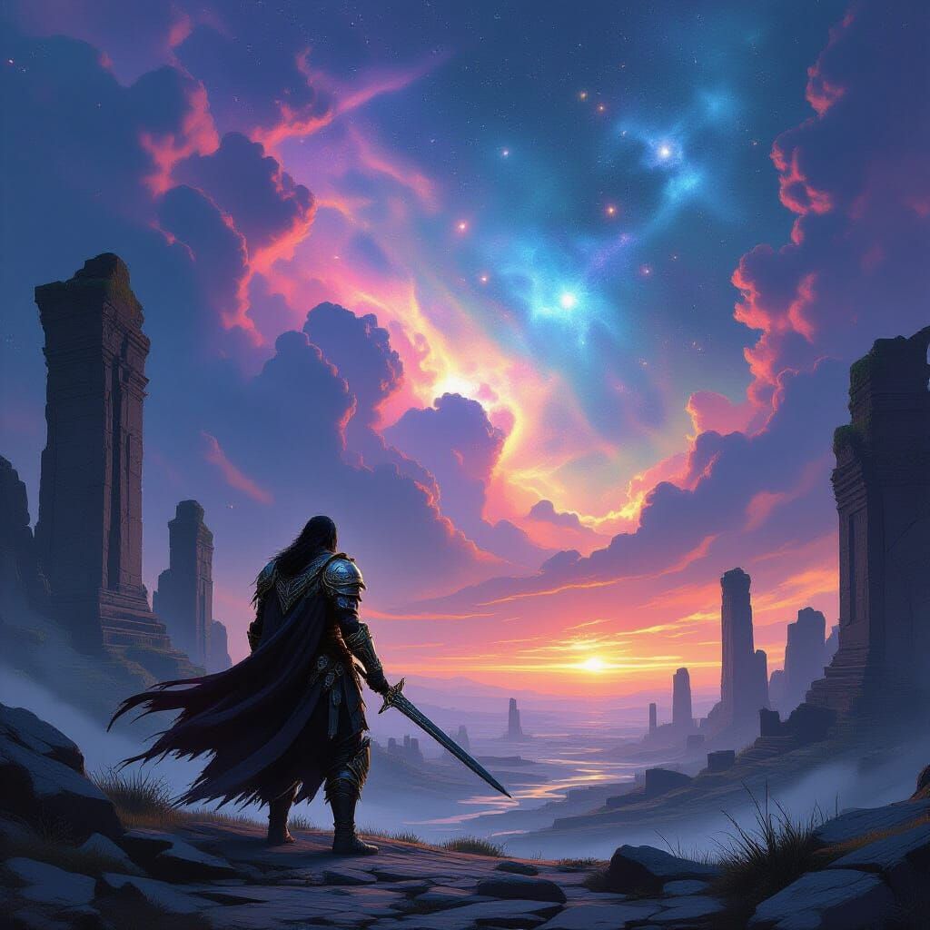 Epic Fantasy Warrior Under Cosmic Sky