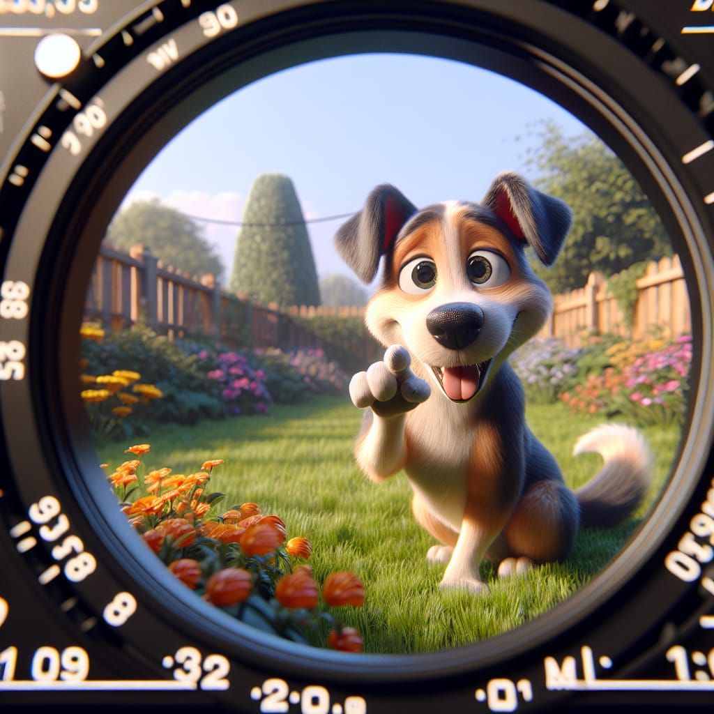 Disney Pixar style 3D adorable dog, as seen through the lens of a camera, posing cute and adorable, in a garden