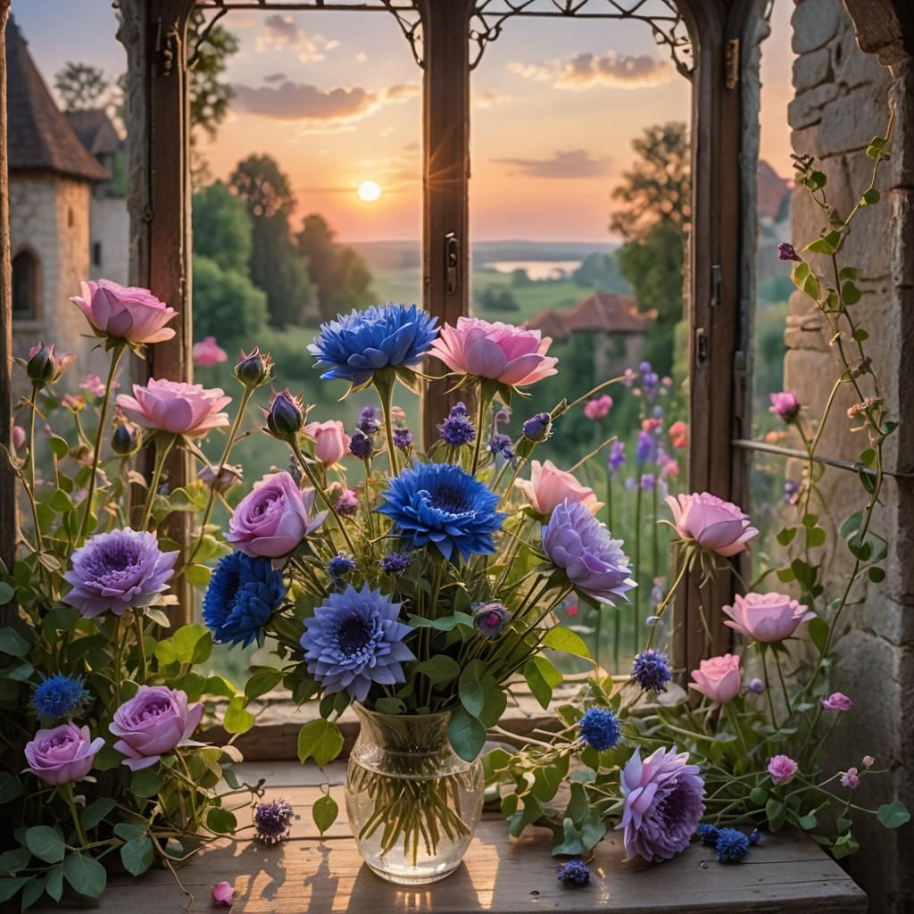Medieval Balcony Flower Bouquet at Sunset