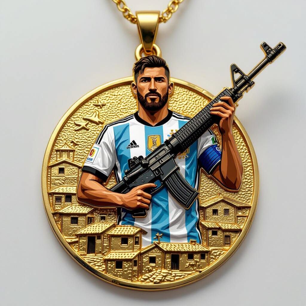 Argentine Footballer Pendant with Favela Background in Gold