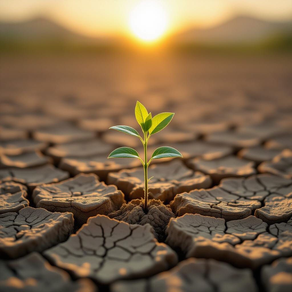 Lone Sapling Pushing Through Cracked Earth in Golden Hour Li...