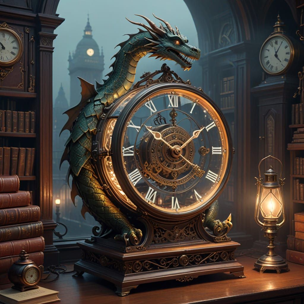 Steampunk Dragon Coiled Around Antique Clock in Whimsical, D...