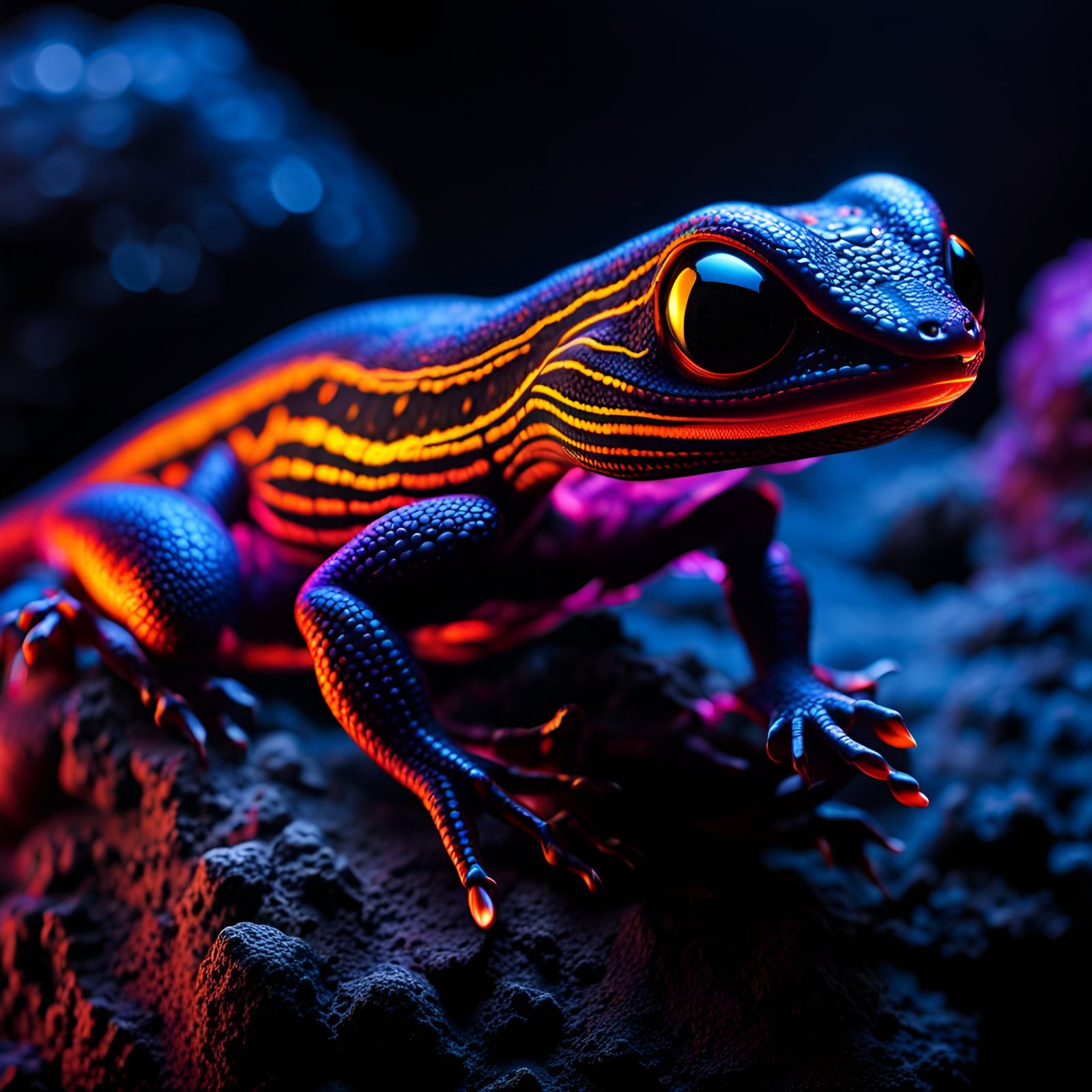 Fluorescent Salamander on Lava Rock, Giger Style