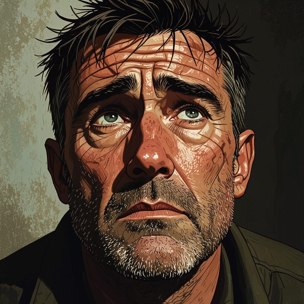 Despairing Man Portrait in Bleak, Earthy Tones