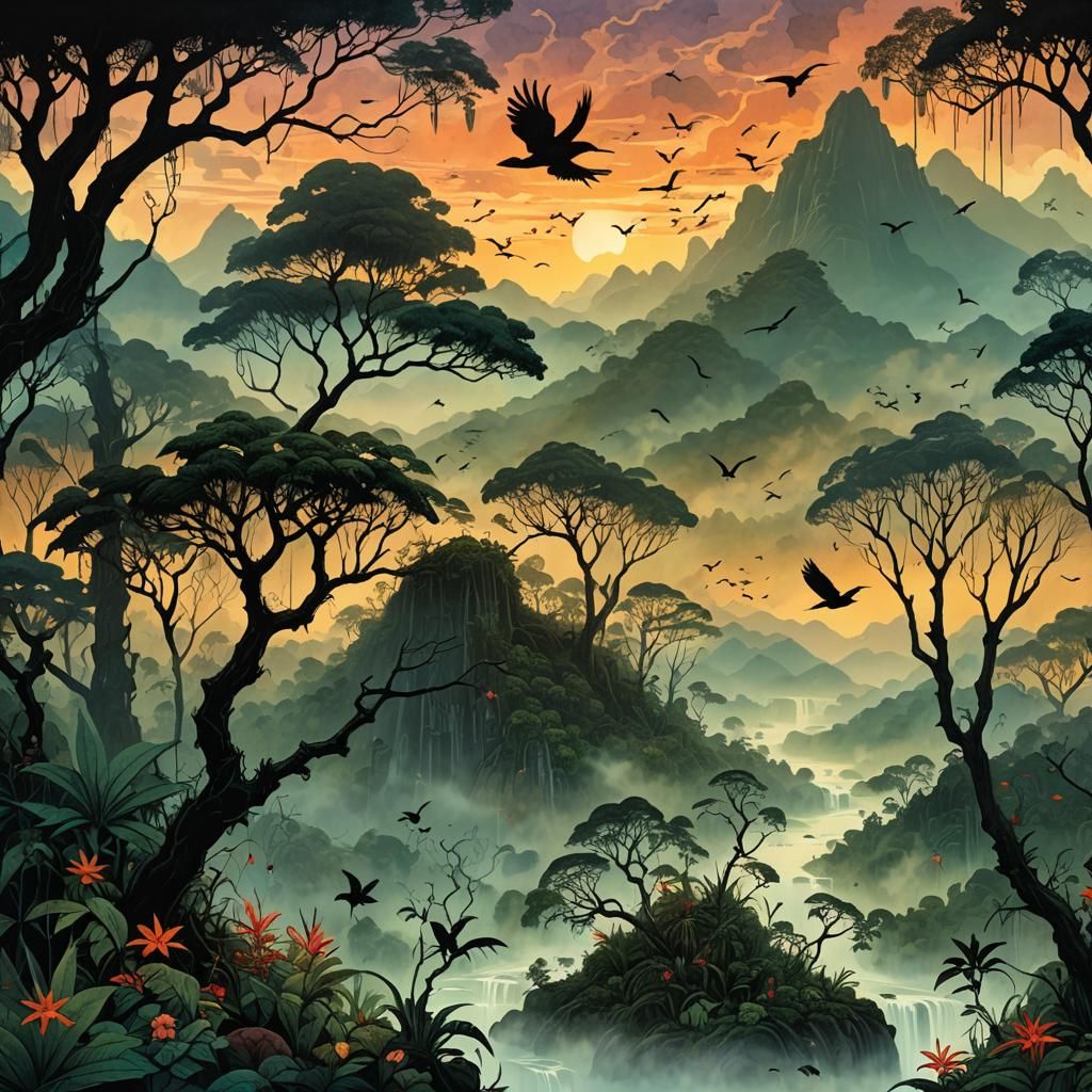 Tropical Rainforest Sunset: Intricate Illustration