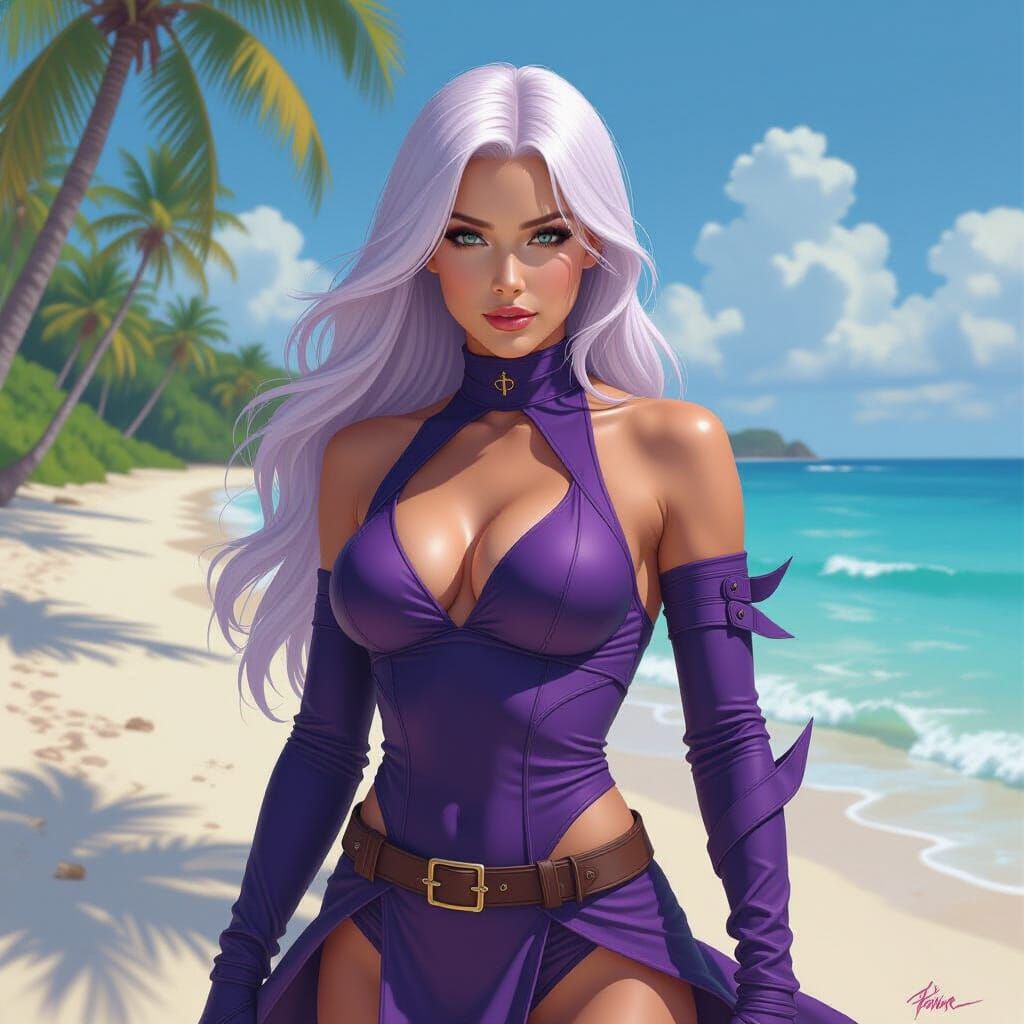 Psylocke Kwannon on Tropical Beach: Fantasy Oil Painting