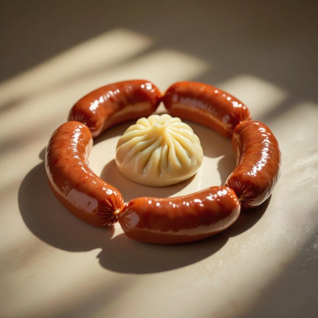 Perfect Dumpling Surrounded by Sausages in Studio Lighting