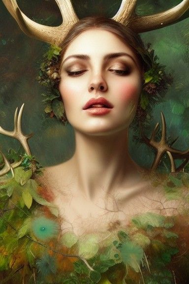 Antlered Woman in Forest, Romanticism Style