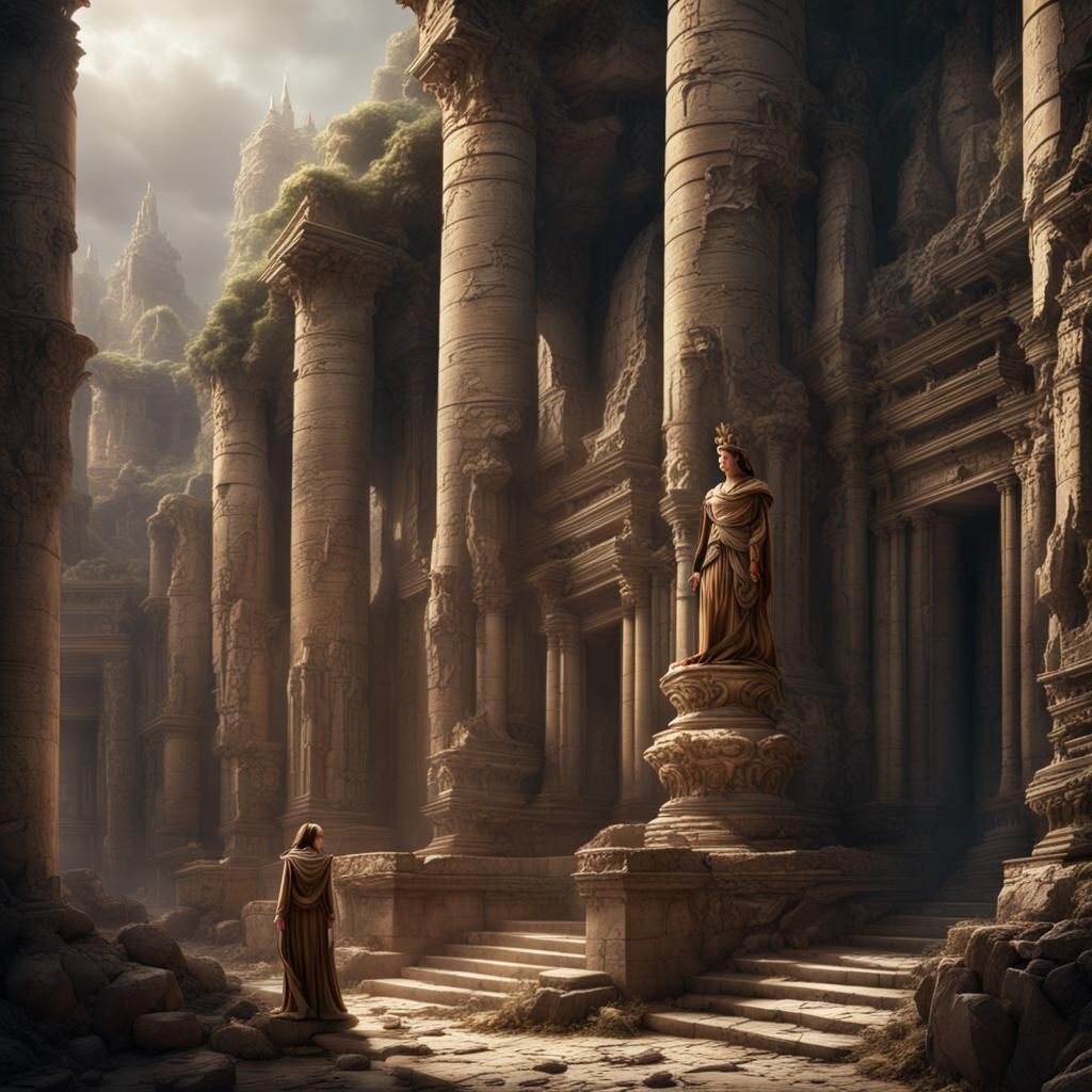 Epic Ancient Ruins with Scrolls and Statues