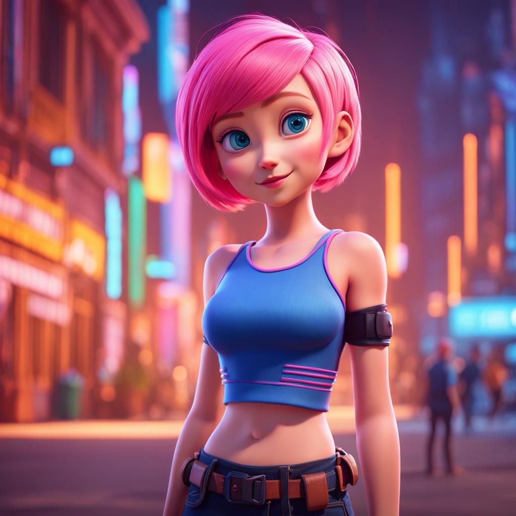 Pixar-Style Girl with Pink Hair and Blue Eyes