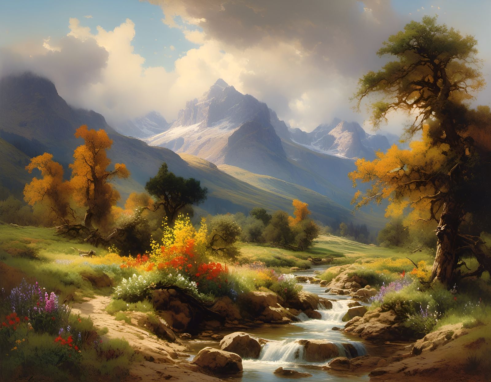 Country Landscape with Pine and Wildflowers