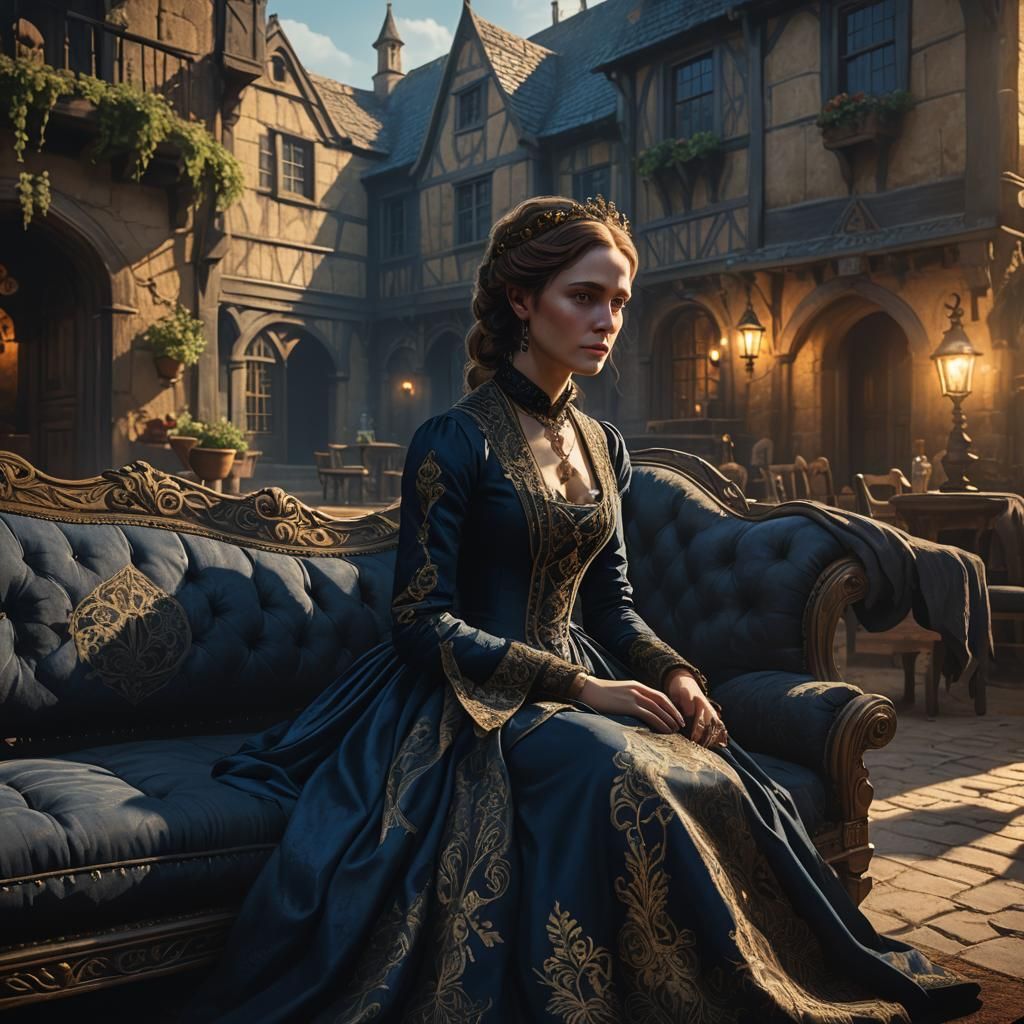 Ominous Victorian Woman in Medieval Village Concept Art