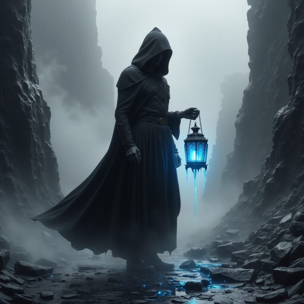 Cloaked Figure with Blue Lantern in CyberNoir