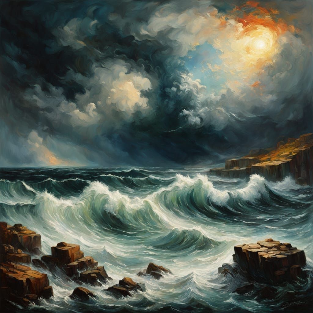 Nature's Symphony Over Stormy Sea in Vibrant Oil Painting