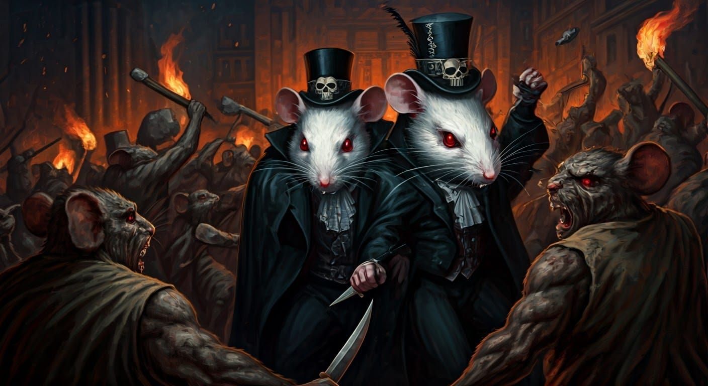 Aristocratic Mice Battle in Dark Fantasy City Square