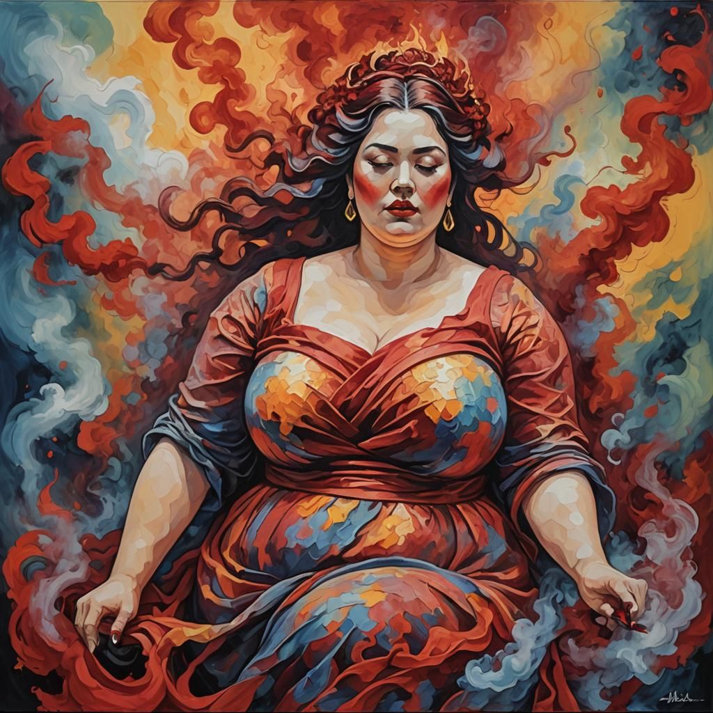 Goddess Emerges from Red Smoke: Expressionist Oil Painting