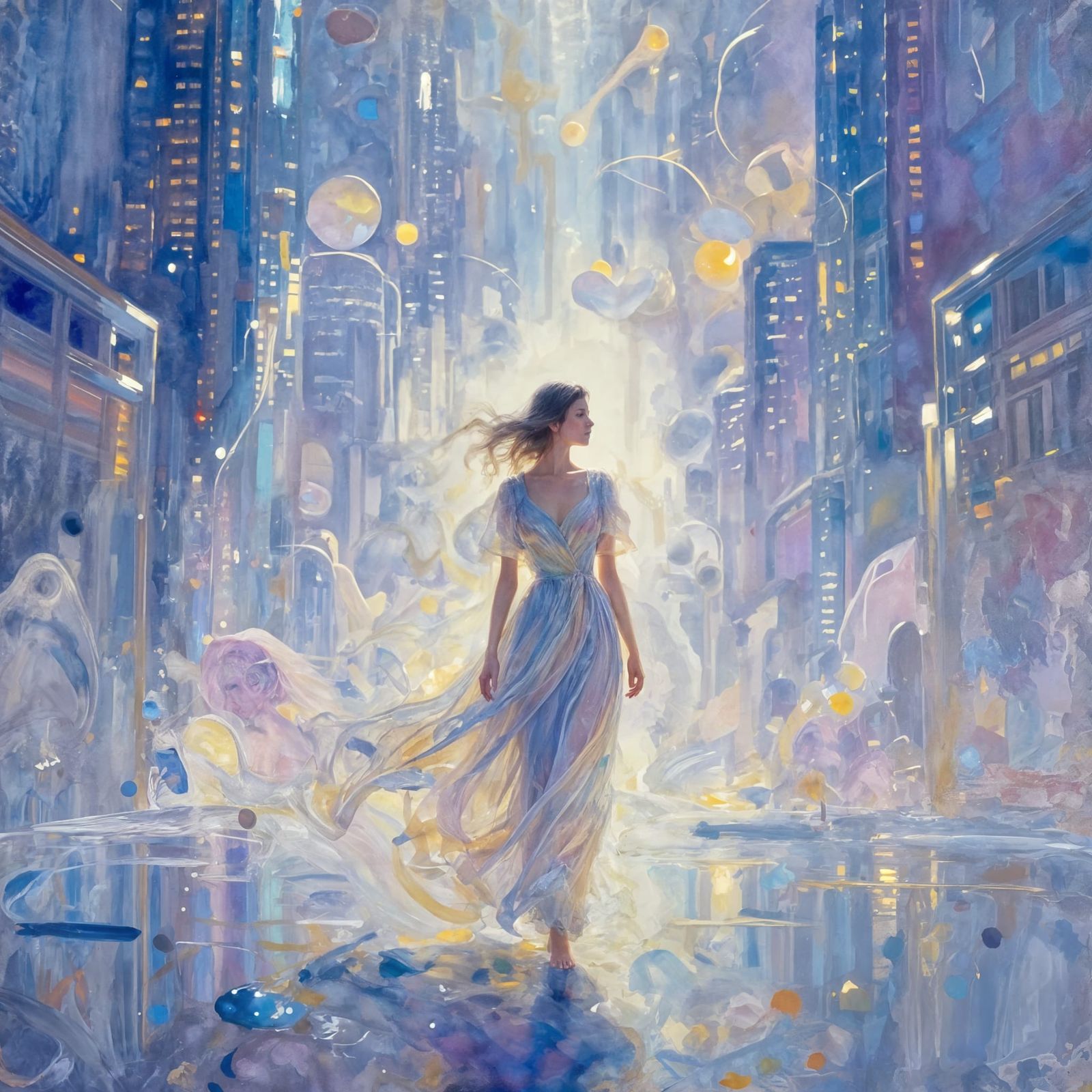 Woman in Ethereal Gown in City of Light