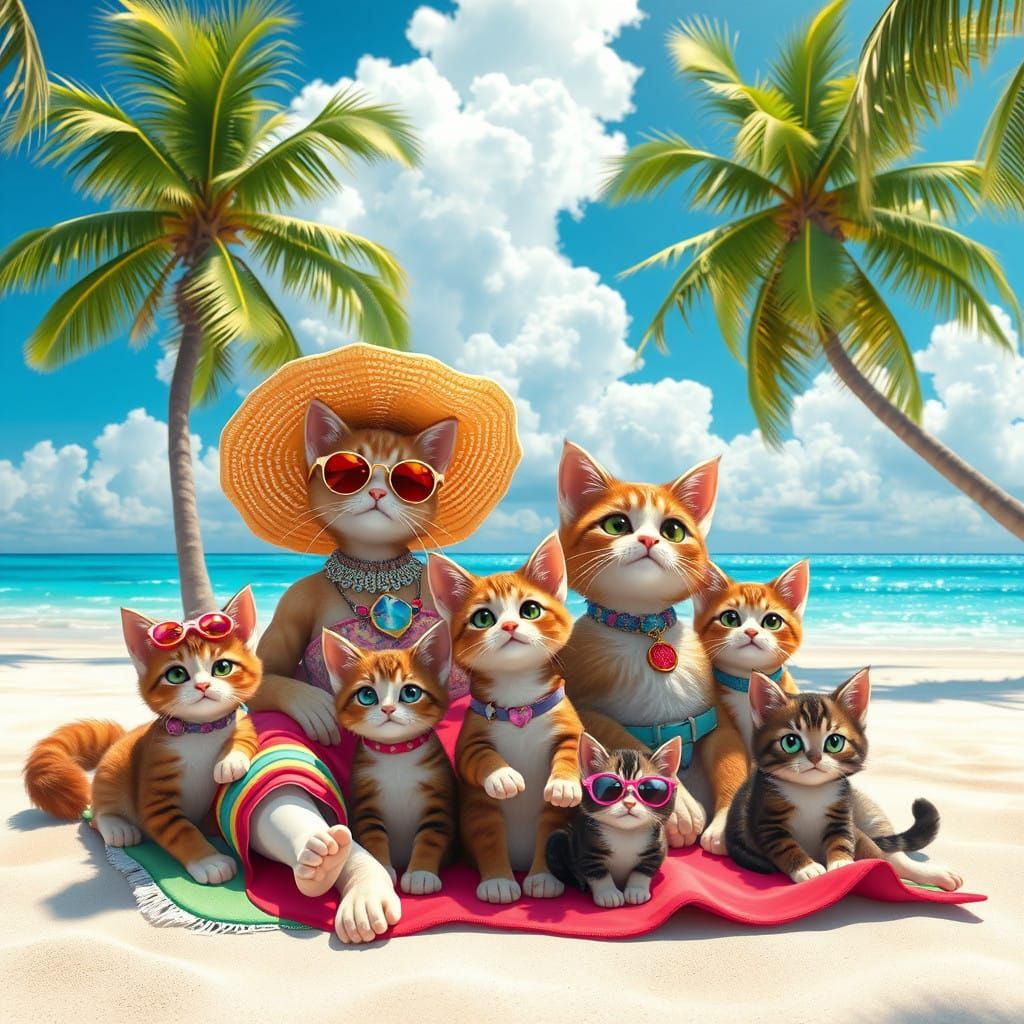 Whimsical Family Beach Scene in Vibrant Anime Style