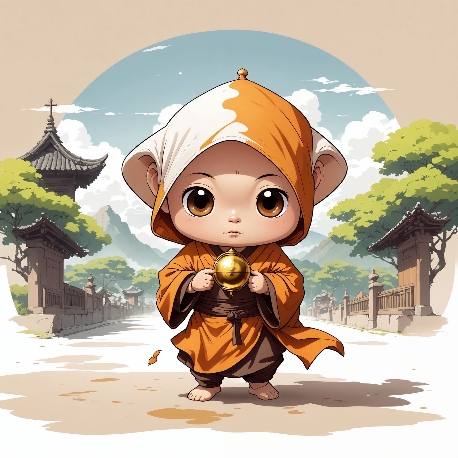 Cute Chibi Monk Attending Mass in Cartoon Style