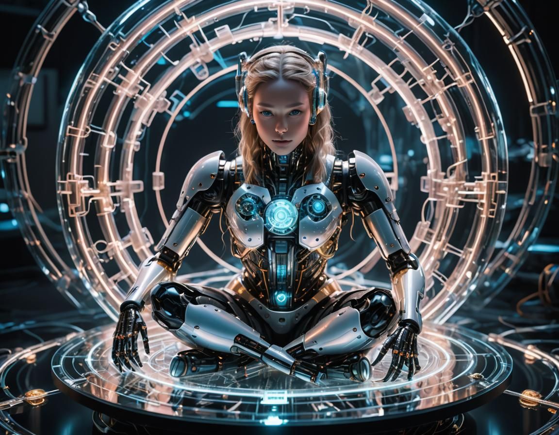 Crystalline Robot Contemplates Orb in Cyberpunk Metropolis