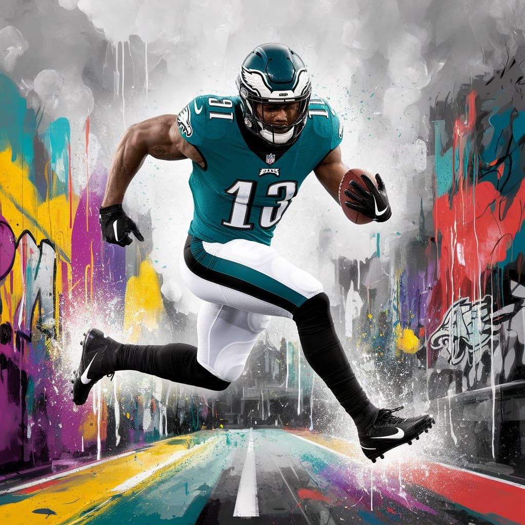 Eagles Player Leaps Through Vibrant Graffiti Landscape in St...