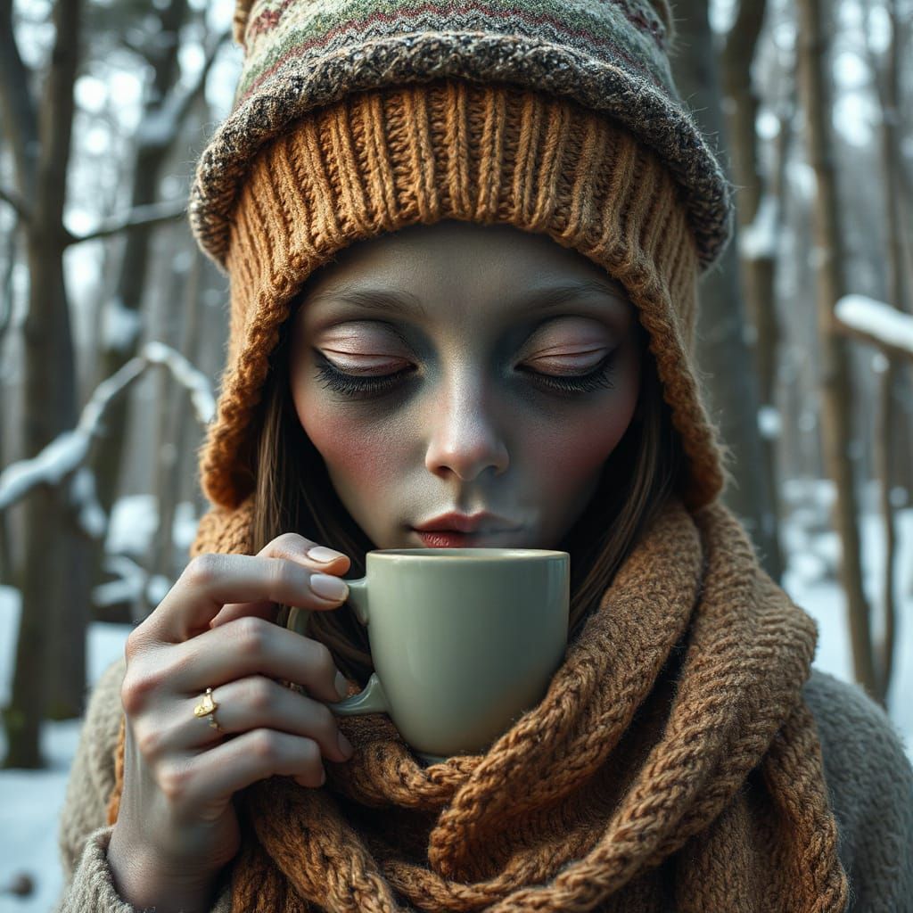 Alien Woman Enjoys Coffee in Winter Forest