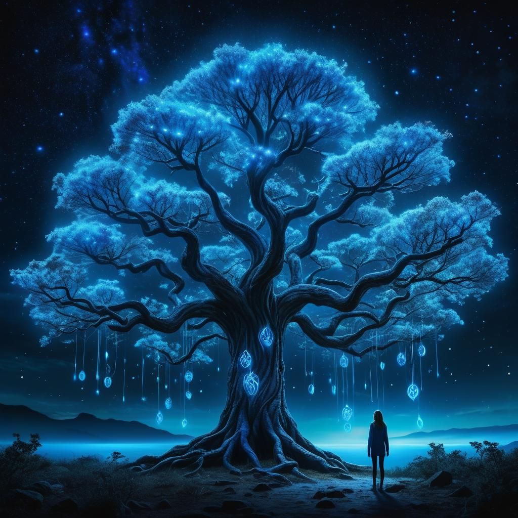 Bioluminescent Tree with Glowing Runestone Archway