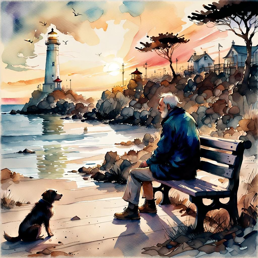 Sunset Beach Scene with Man and Dog