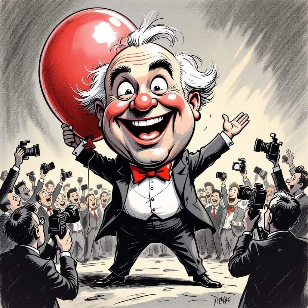 Cartoon Politician Inflates Face Balloon Amidst Media Frenzy