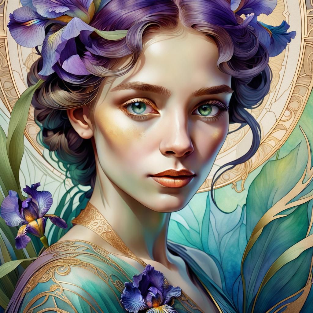 Woman with Iris in Mucha-Inspired Conceptual Art