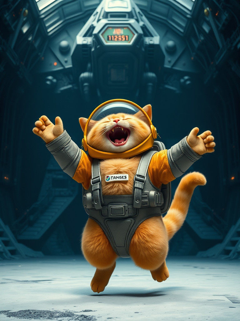 Joyful Cat Astronaut in Icy Hangar