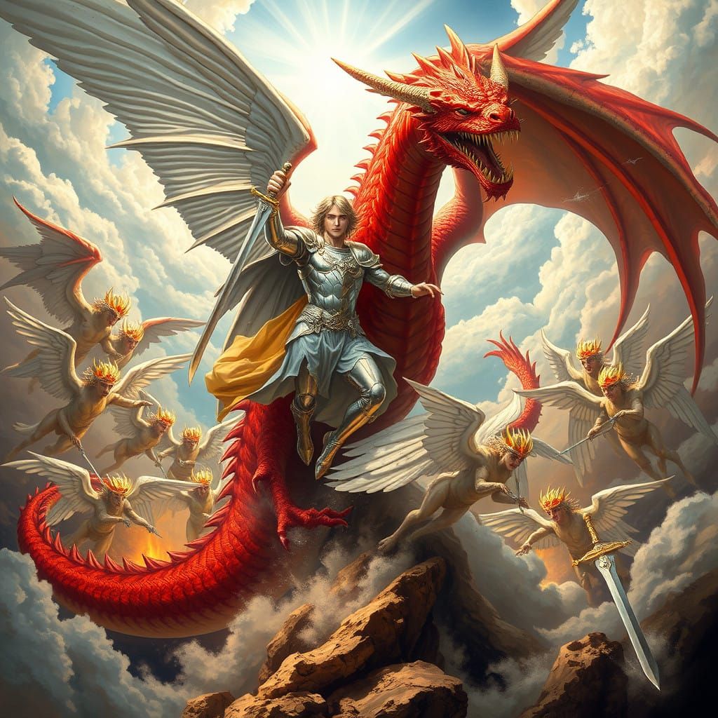 Archangel Michael Battles the Seven-Headed Red Dragon in a F...