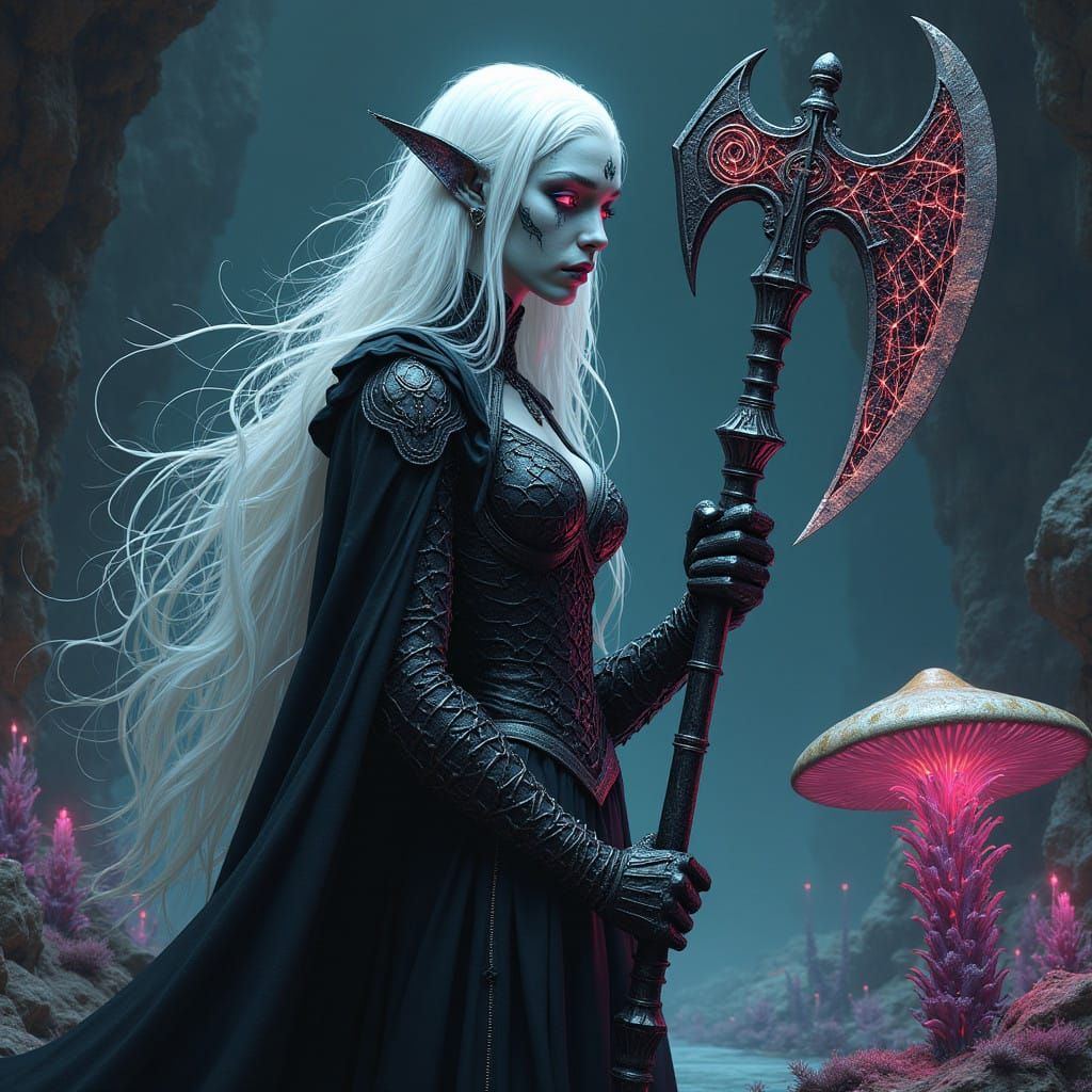 A dark gray-skinned female Drow, adorned with cascading white hair and striking red eyes, wears delicate black evil chai...