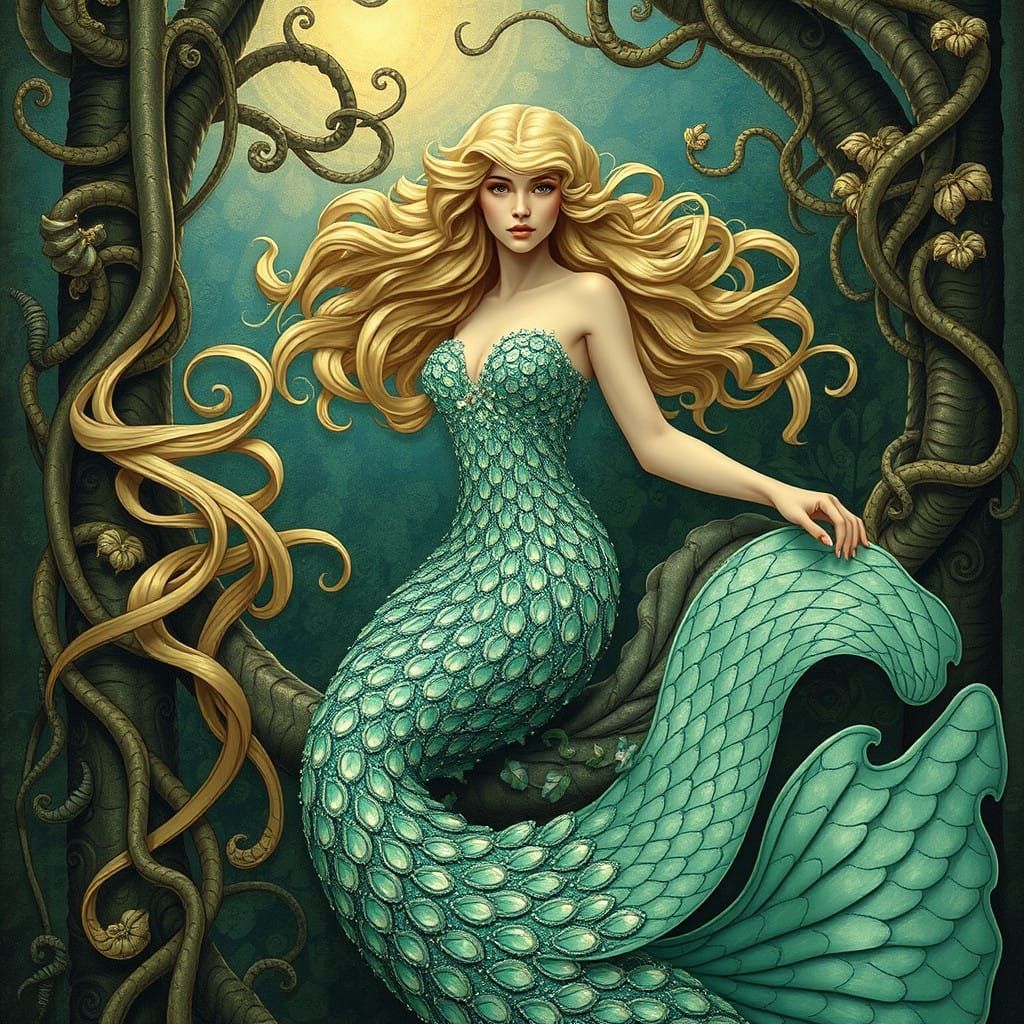 Siren in Luminous Art Nouveau Dreamscape