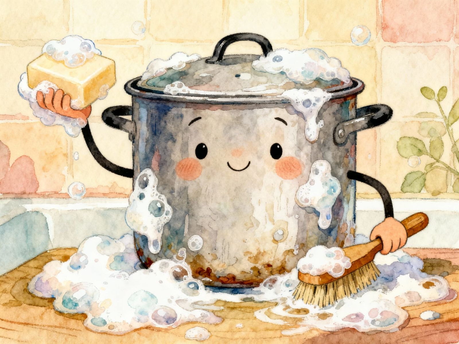 Anthropomorphic Cooking Pot Self-Cleaning in Storybook Style