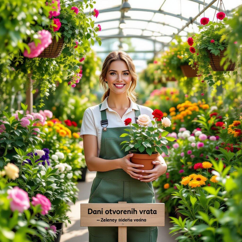 Woman in Lush Plant Nursery Holding Blooming Rose