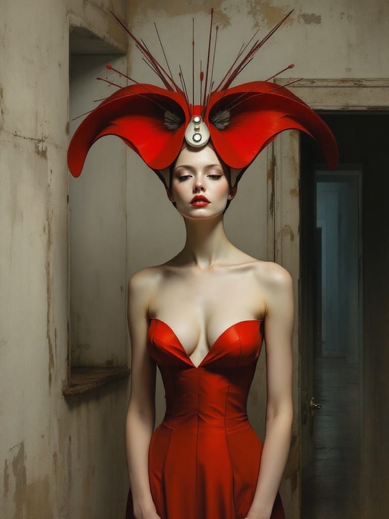 Muted Elegance in a Futuristic Red Skirt