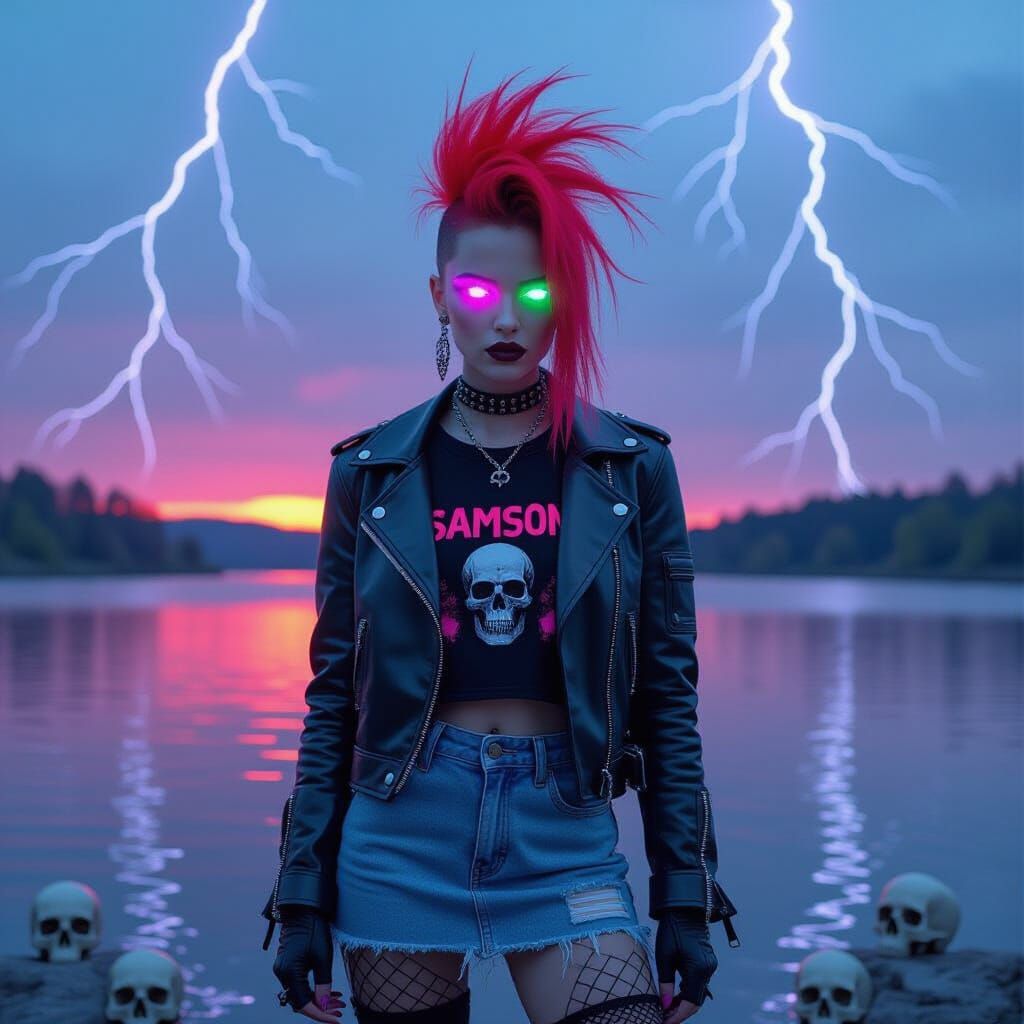 Goth-Punk Cybergirl with Neon Mohawk in Surreal Glitchcore S...