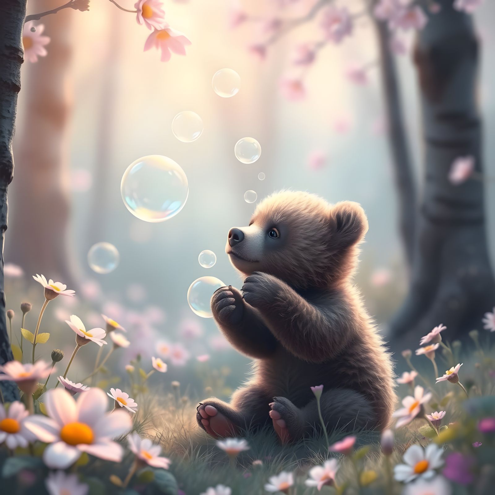 Whimsical Bear Cub in Pastel Paradise