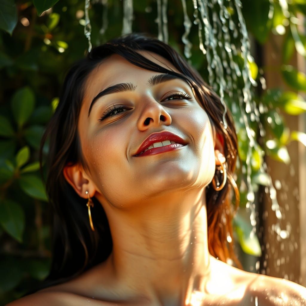 Relaxing Young Woman in a Rustic Outdoor Shower Surrounded b...