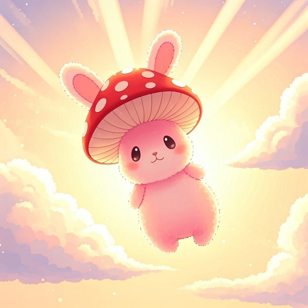 Pastel Kawaii Bunny with Mushroom Hat