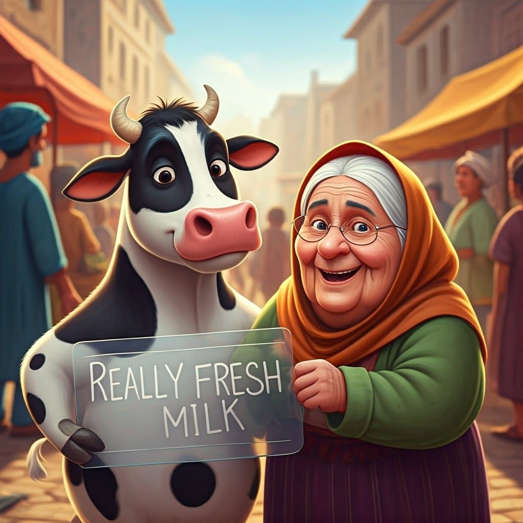 Cartoon Cow and Old Woman Selling Milk in Marketplace