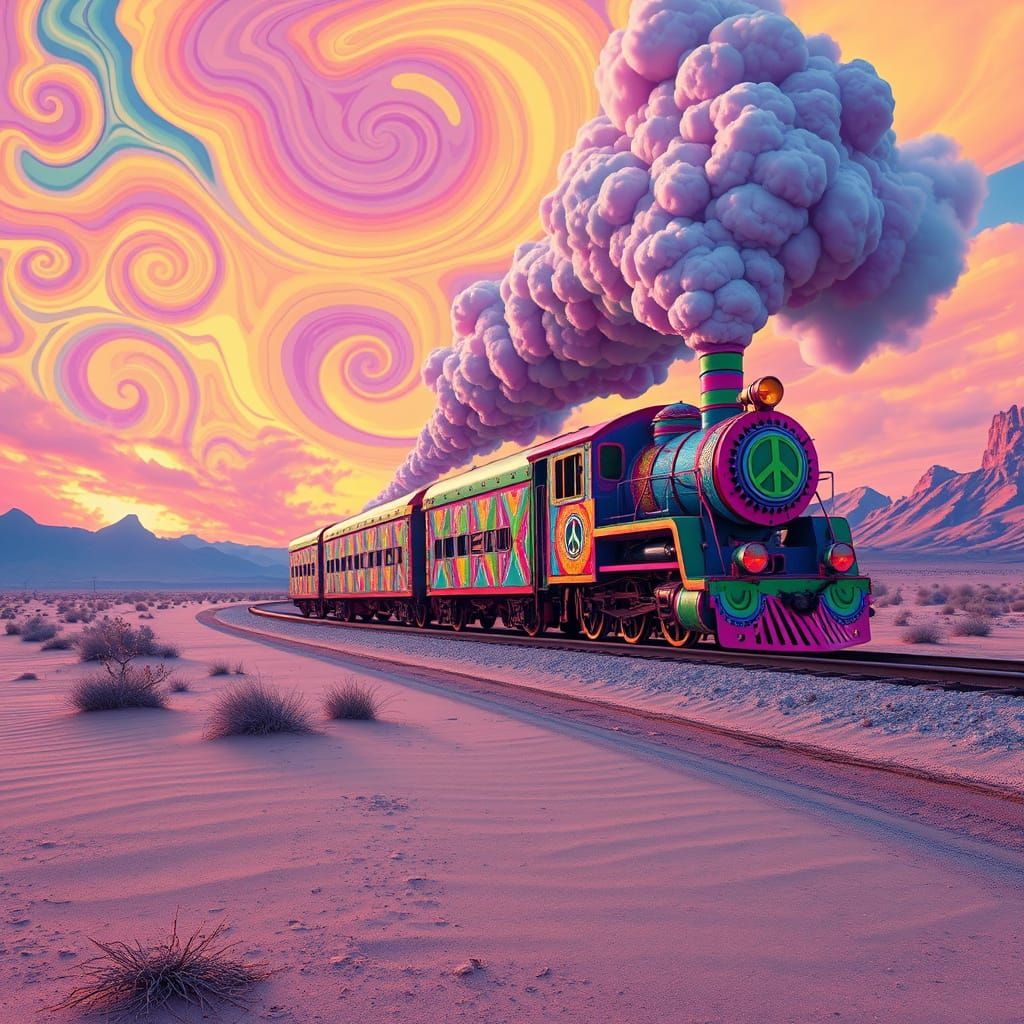 Psychedelic Peace Train in Surreal Desert Landscape