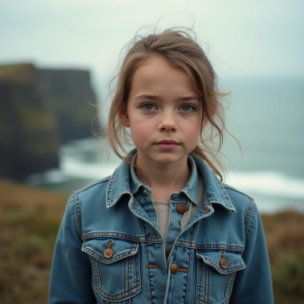 Girl in Denim Jacket Stands Strong Against Cornwall Seaside ...