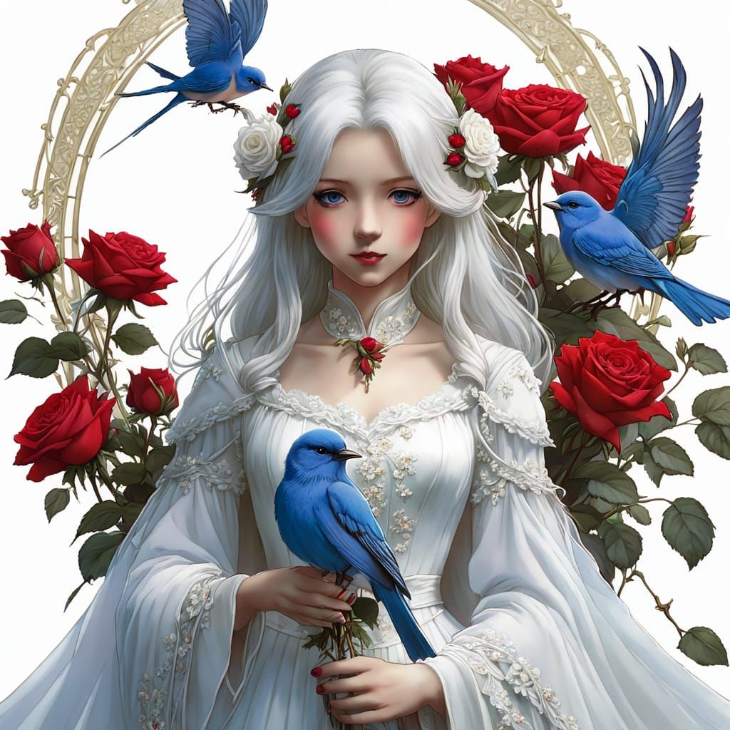 Woman in White Gown Surrounded by Bluebirds and Red Roses in...